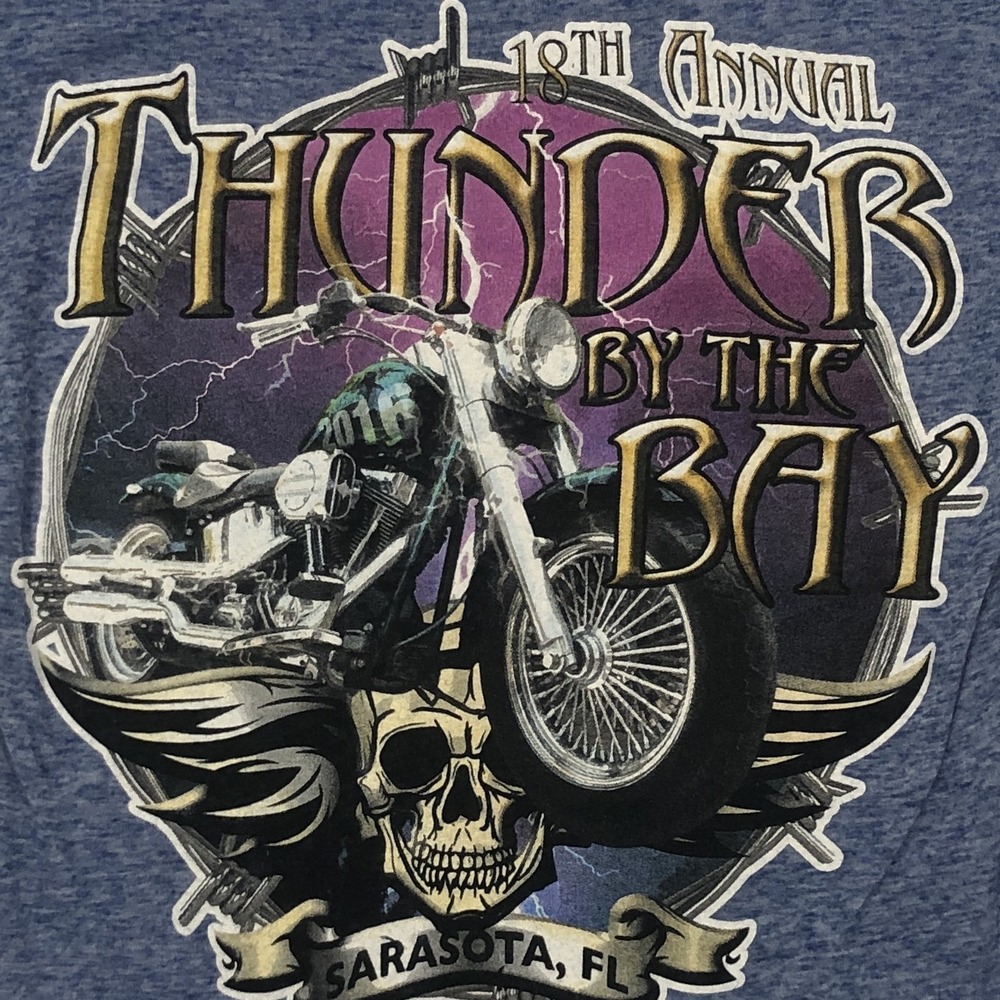 Thunder By The Bay T Shirt Womens V‎ Neck Blue Biker Motorcycle Graphic Tee